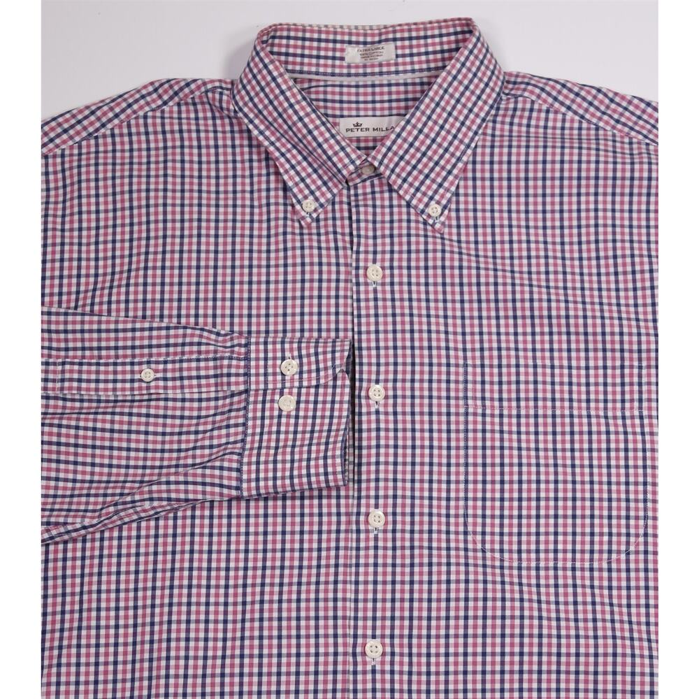 Peter Millar Men's Blue Pink White Check Button-Up Dress Shirt XL